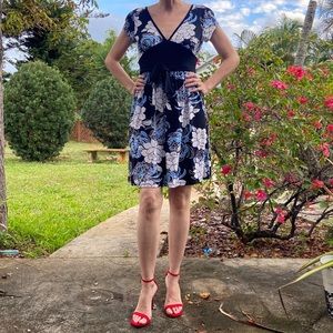 Eyeshadow Poly Spandex Blue White Black V Neck high Waist Knee Length Dress!